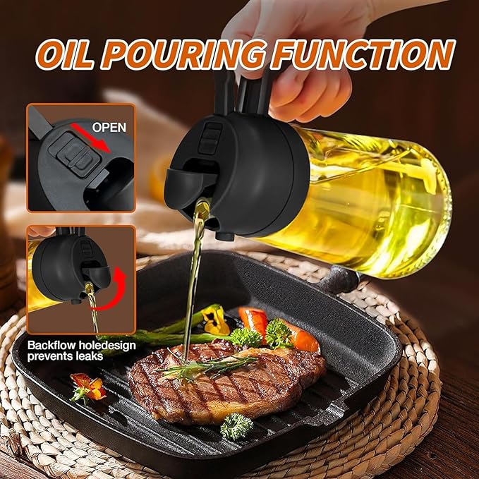 2-in-1 Glass Oil Dispenser & Sprayer - 16oz/470ml Leakproof Bottle for Cooking, Air Fryer, BBQ, Baking, Salad (Transparent Black 1PC)
