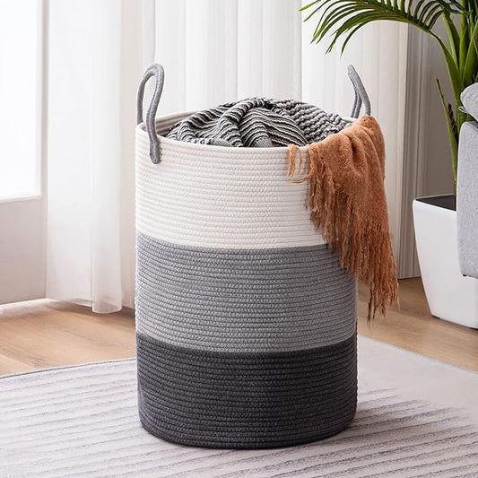 YOUDENOVA Woven Rope Laundry Hamper Basket, 58L Tall Luandry Basket, Baby Nursery Hamper for Blanket Storage, Clothes Hampers for Laundry in Bedroom-Large-Dark Grey