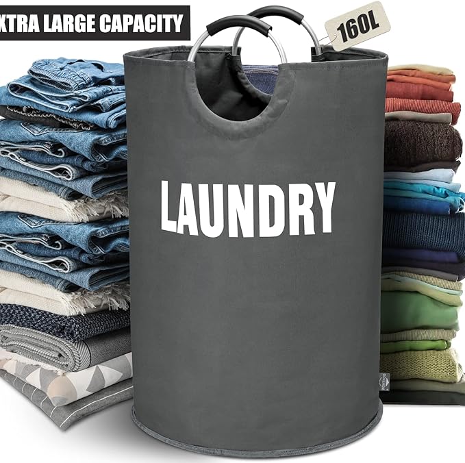 DOKEHOM 160L XX-Large Laundry Basket (7 Colors), Collapsible Laundry Bag, Foldable Laundry Hamper, Folding Washing Bin (Dark Grey, XXL)