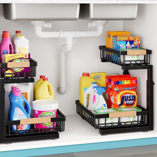 Under Sink Organizer,2 Packs 2 Tier Sliding Pull Out Cabinet Storage Shelf, Metal Drawer for Kitchen Bathroom Cabinet, Under Sink Organizer Organization Rack, Rust-Resistant Black
