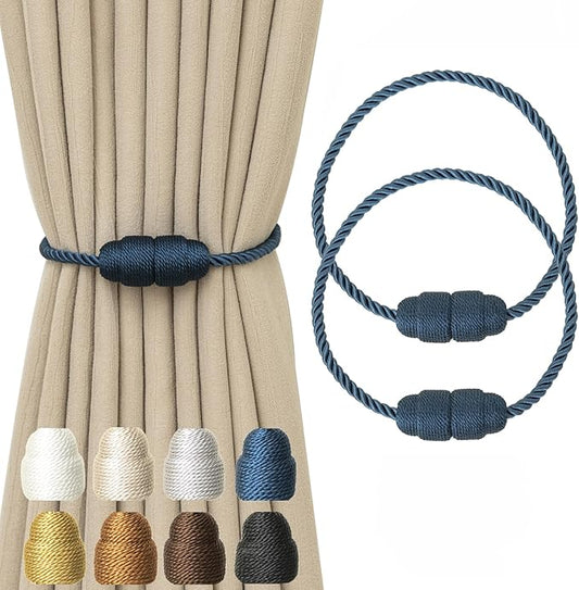 Magnetic Curtain Tiebacks - Rope Tiebacks for Curtains & Drapes, Decorative Window Holdbacks (2 Pack, Blue)
