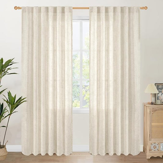 YoungsTex Linen Curtains 80 Inch Length for Living Room, Light Filtering Semi Sheer Drapes with Back Tab Rod Pocket for Bedroom Farmhouse Cream Textured Window Treatments, 2 Panels, 52 X 80 Inch