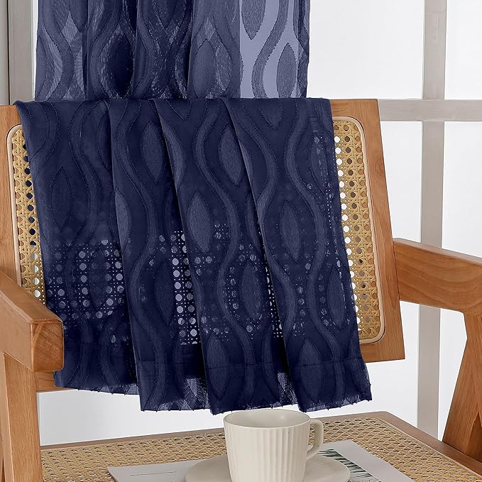 Aiyufeng Navy Blue Curtains - 84 Inch Length (2 Panels), Airy Lightweight Clip Jacquard Light Filtering Bedroom/Living Room Curtains - 80 Inch Width, Wavy Line Rod Pocket, Modern Style