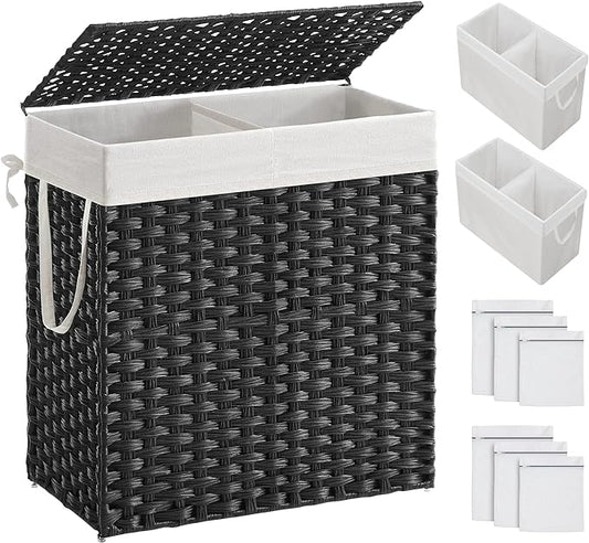 SONGMICS Laundry Hamper with Lid, 110L Clothes Hamper with 2 Removable Liner Bags, 6 Mesh Bags, Wicker Laundry Basket, Double Laundry Hamper for Laundry Room, 13 x 22.4 x 23.6 Inches Black ULCB52BK