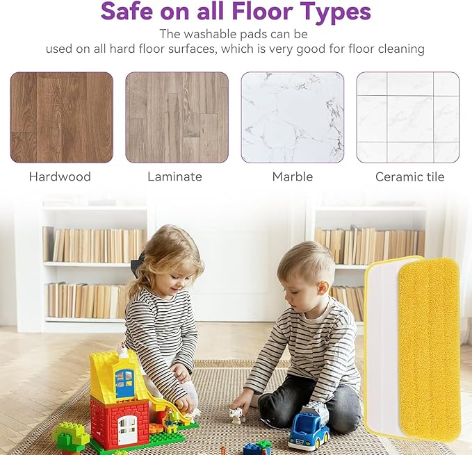 16.5 inch Microfiber Mop Pads for Rubbermaid Reveal Spray Mop and Any 16.5" Flat Mop - 6 Pack 13''-15'' Spray Mop Pad Reusable Washable Replacement Refills - Purple & Yellow