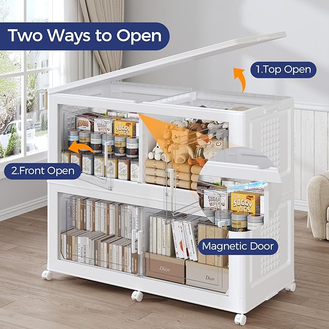 150GAL Storage Bins with Lid and Wheels, Stackable Closet Organizers and Storage Drawer, Collapsible Storage Box with Dividers, Foldable Plastic Cabinets Cubes Totes for Garage, 3 Pack White