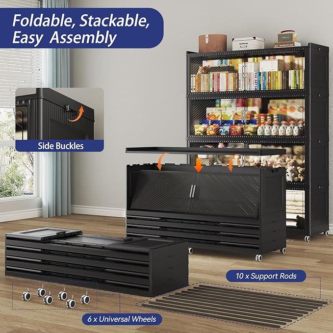 200GAL Extra Large Storage Bins with Lid, 800QT Collapsible Organizer with Wheels, Stackable Closet Cabinet with Doors, Folding Storage Containers for Home, Office, Dorm, 4Pack Black