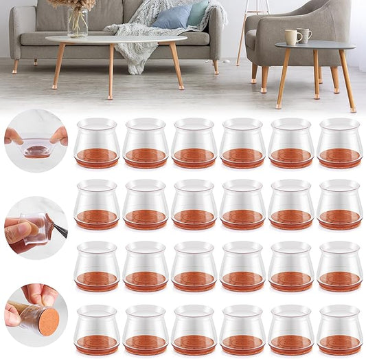 Upgraded Silicone Chair Leg Floor Protectors for Hardwood Floors, Furniture Sliders, Felt Bottom Furniture Pads, Round&Square Cap Covers to Scratch and Reduce Noise, Transparent, 24pcs