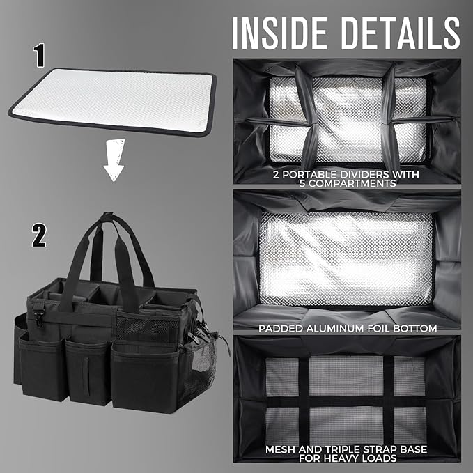 Wearable Cleaning Caddy Organizer with Handle & Shoulder Straps for Housekeepers, Under Sink & Car Cleaning Tool Organizer Bag with 4 Foldable Dividers (Black)