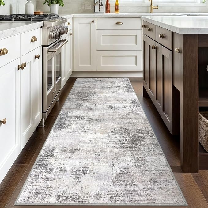 IOHOUZE Abstract Runner Rug 3x8 Ft Washable Runners for Hallways, Non Slip Kitchen Runner Printed Faux Wool Entryway Runner Indoor, Modern Abstract Floor Carpet for Hall Bedroom, Grey Beige