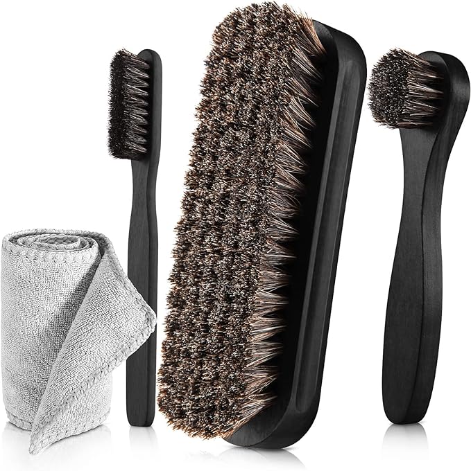 4 Pcs Horsehair Shine Shoes Brush Kit Polish Dauber Applicators Cleaning Leather Shoes Boots Care Brushes Suede Cleaner Brush with Microfiber Shoe Cloth(4 Pcs Black D)