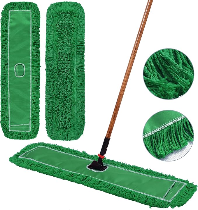 Matthew Cleaning 36'' Industrial Strength Cotton Dust Mop Refill Washable Replacement Heads for Residential & Commercial Use Fit Standard Dust Mop Frames, Hardwood, Concrete Floors Green 6 Pack