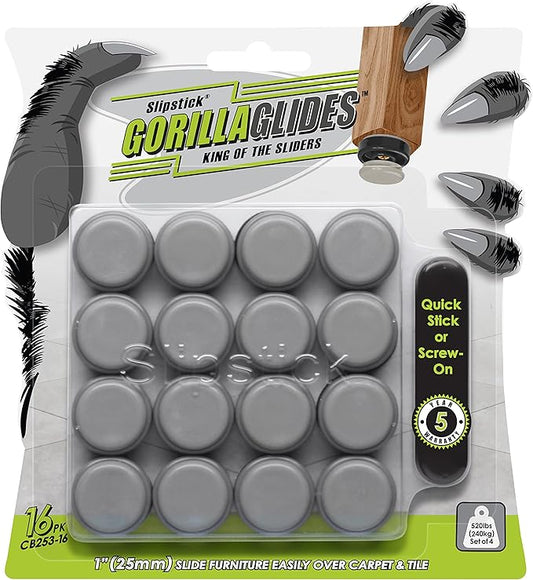 GorillaGlides 1 Inch Chair Sliders/Furniture Floor Protectors (16 Furniture Glides) Self-Adhesive Screw On Chair Glides for Sliding on Low-Pile Carpet & Hard Surface Floors, Round