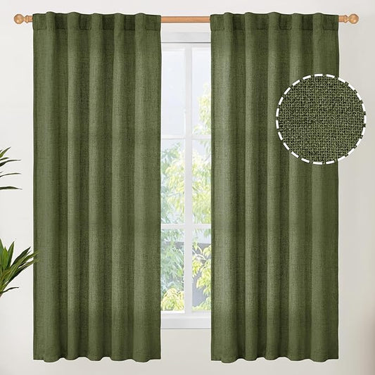 YoungsTex Olive Green Linen Curtains 63 Inch Length for Living Room, Rod Pocket Back Tab Light Filtering Drapes Semi Sheer Window Treatments for Bedroom Farmhouse, 2 Panels, 42 X 63 Inch