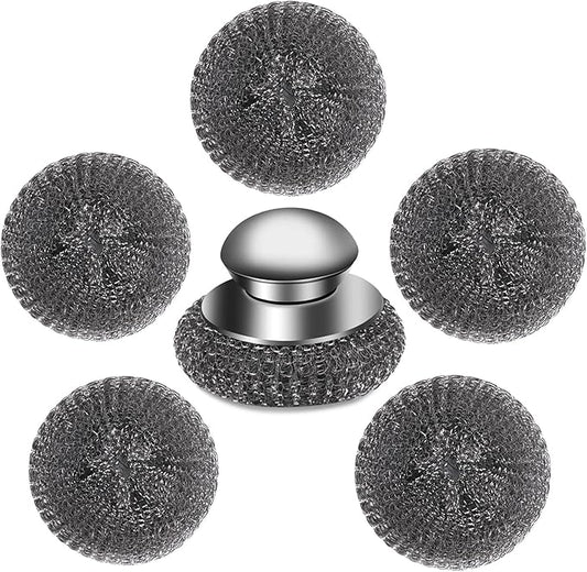 6Pcs Steel Wool Scrubber with Replacement Wire Pads Set, Stainless Steel Scrubber with Handle for Scouring Stubborn Messes from Cast Iron, Pots, Pans, Grill, Stoves, Sink(1 Scrubber+5 Pads)