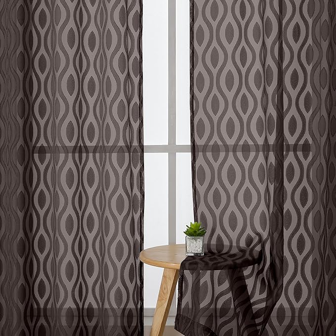 Aiyufeng Brown Valance Curtains 14 Inch Length, Chic Wavy Line Clip Jacquard Sheer Curtains for Basement Bathroom, Lightweight Solid Rod Pocket Small Window Curtains, 2 PCS, 40Wx14L Inch