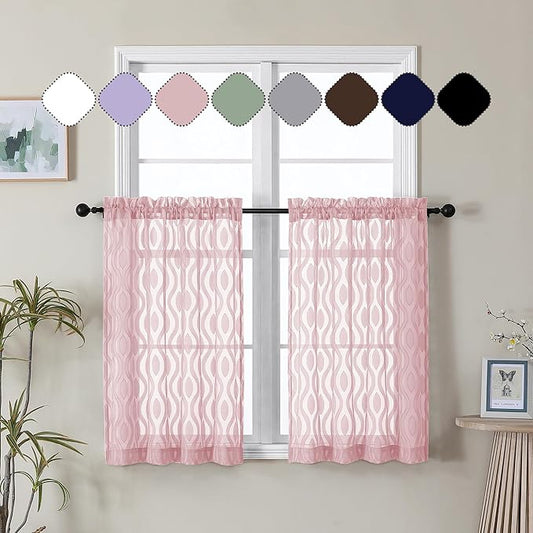 Aiyufeng Blush Pink Curtains Tiers 36 Inch Length 2 Panels Set, Airy Lightweight Clip Jacquard Window Curtians, Modern Wavy Line Textured Voile Sheer Curtains for Small Windows, 40" Wx36 L Inch