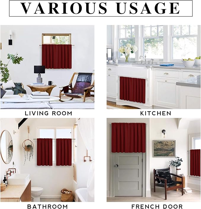 RYB HOME Blackout Curtains for Kitchen, Over Sink Privacy Curtains Window Decor, Thermal Insulating Drapes for Bathroom Cafe Bedroom Small Window, W 42 x L 24 inch, Burgunday Red, 2 Panels