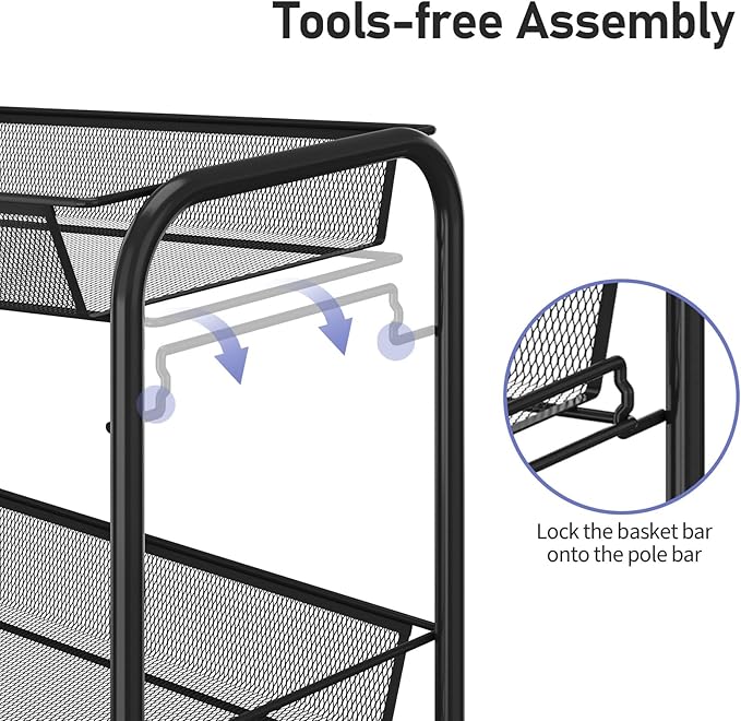 TOOLF 3-Tier Metal Rolling Cart, Mesh Wire Easy Assemble Utility Cart, Storage Trolley on Wheels with 3 Hooks, MetalStorage Shelving Units for Kitchen Bathroom Laundry Room
