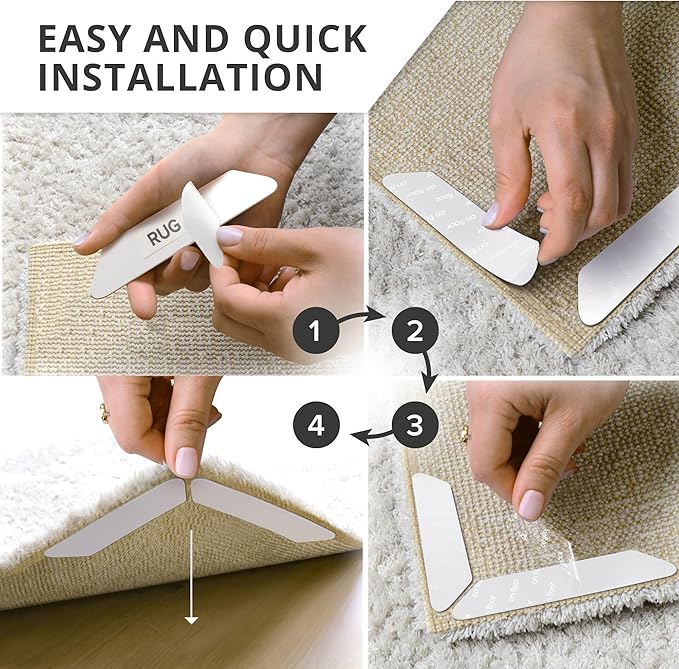 X-Protector Rug Tape - 8 Pcs Set - White Anti-Slip & Anti-Curling Carpet Tape for Hard Floors - Premium Rug Pad Gripper - Ideal Carpet Corner Grippers to Keep Your Carpet in Place & Make Corners Flat