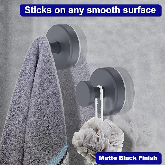 Suction Cup Hooks for Shower, Removable Towel Hooks for Bathroom Window Glass Door Wall, Bath Robe Looafh Hook for Hanging - 2 Pack, Grey