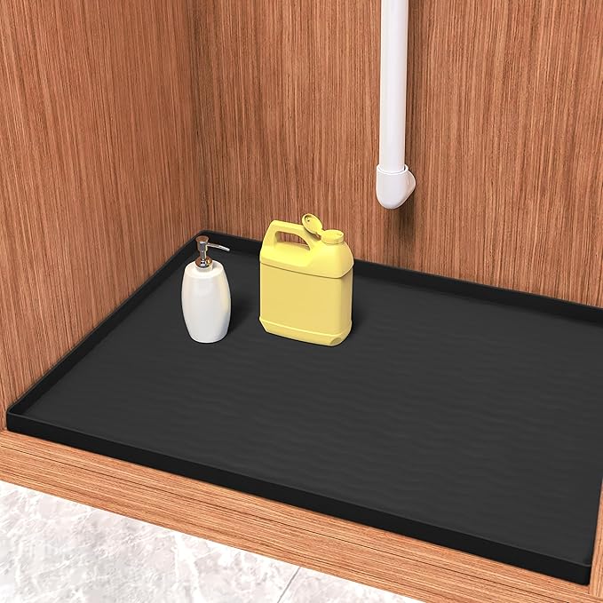 URMONA Waterproof Silicone Under Sink Mat 16'' x 10'' Shelf Liner for Kitchen and Bathroom, Cabinet and Counter Protector, Storage and Organizers, Litter Mat, Pet Cat Puppy Essentials(Black)