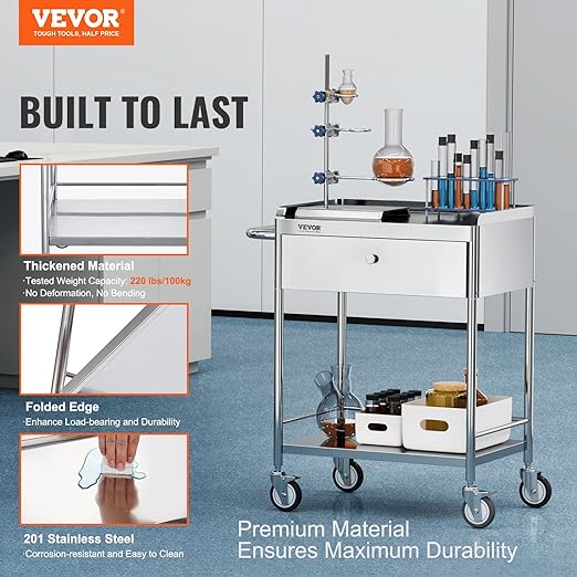 VEVOR Medical Cart, 2-Layer Stainless Steel Cart 220 lbs Weight Capacity, Lab Utility Cart with 360° Silent Wheels and a Drawer for Lab, Clinic, Kitchen, Salon, 141002