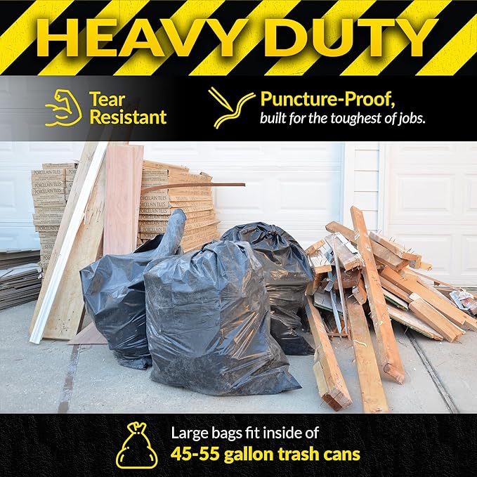 Reli. Contractor Garbage Bags 55 Gallon | 20 Trash Bags | Heavy Duty | Black Contractor