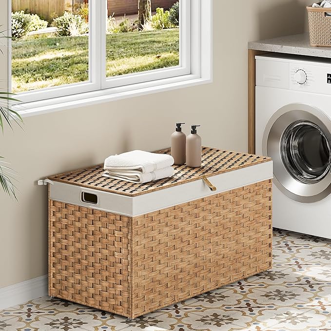 HOOBRO Storage Basket with Lid, 42.3 Gallon (160L) Wicker Basket, Handwoven Blanket Storage Basket with Handles, Metal Frame and Soft Lining, Foldable for Bedroom, Laundry Room, Natural NL216CW01