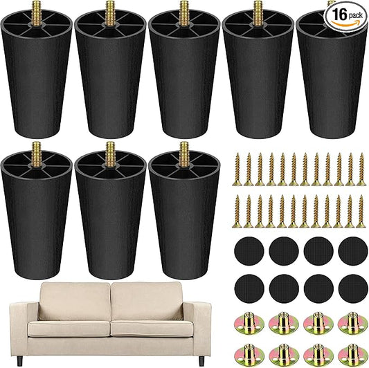 TURSTIN 16 Pack 4 Inch Plastic Furniture Legs with M8 T-Nuts Screws Tapered Sofa Couch and Chair Legs Replacement Furniture Legs for DIY Projects Sofas Coffee Tables Dressers Beds