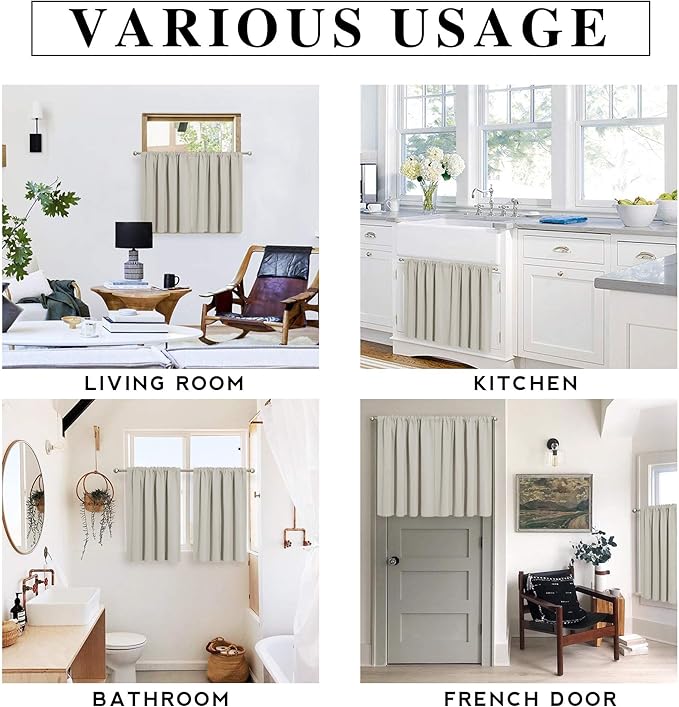 RYB HOME Blackout Short Cafe Curtains, Privacy Light Block Small Window Curtains for Bedroom Kitchen Basement Dining Classroom, W 34 x L 45 inches, Natural, 2 Panels