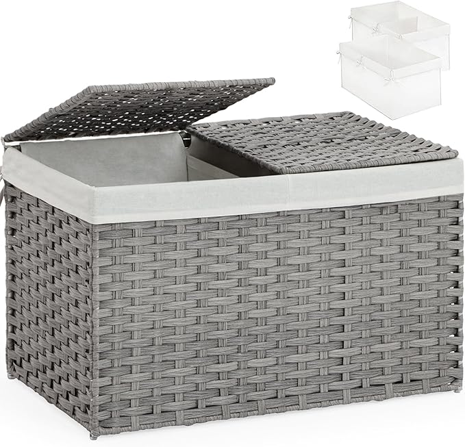 Storage Basket with Lid Wicker Baskets for Storage with 2 Separate Lid 42.3 Gallon (160 L) 29.9 x 17.3 x 18.1 Inches Rattan Woven Large Wicker Basket with 2 Liners for Bedroom Laundry Gray