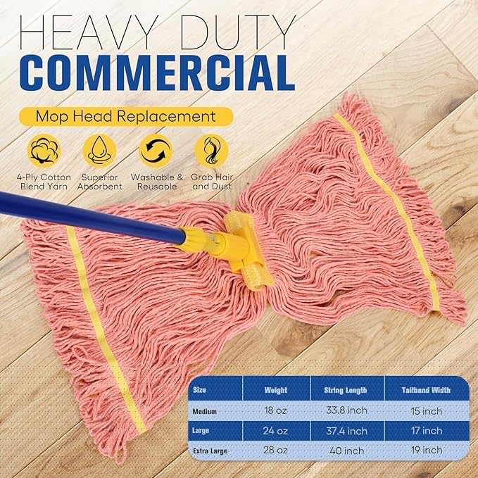 Matthew Cleaning Commercial Mop Head Replacement, 5 Inch Wide Headband, Looped End Cotton Blend String Wet Mops for Floor Cleaning, 18 oz Medium, 6-Pack Orange