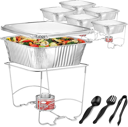 Complete Chafing Dish Buffet Set (39pc) Disposable Catering Supplies- Includes Serving Utensils, 6hr Fuel cans, 6 Half Size Chafing Pans & Wire Racks- Premium Party Food Warmer Trays