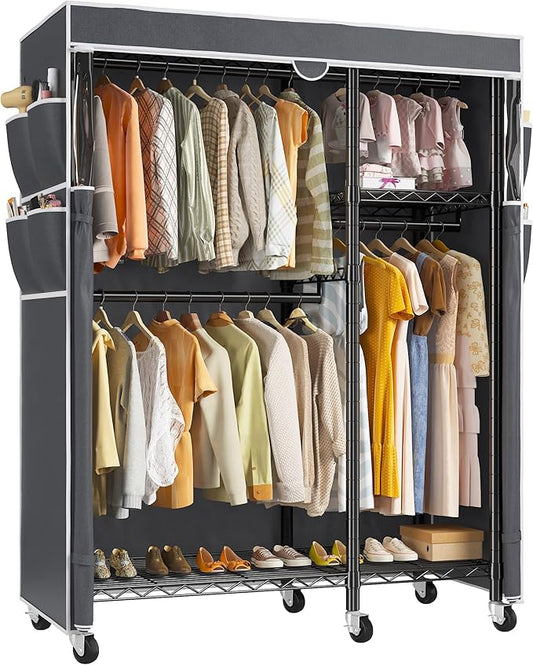 Raybee Clothes Rack with Cover,Clothing Racks for Hanging Clothes with Wheels and Adjustable Feets,Rolling Heavy Duty Garment Rack,Black