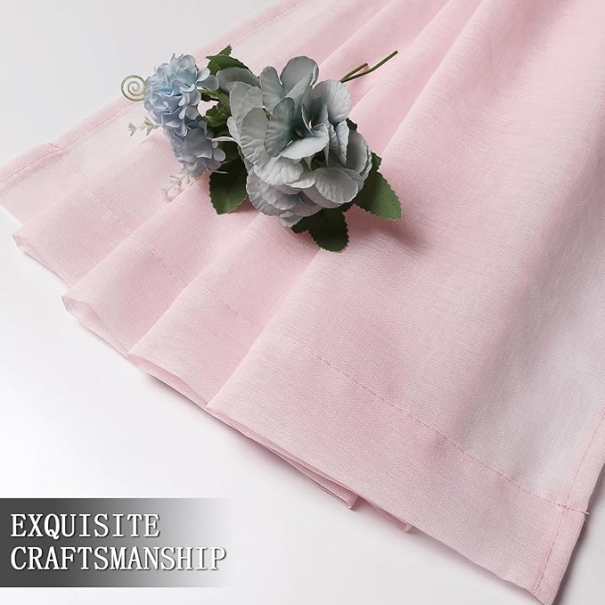 Tollpiz Short Sheer Curtains Living Room Linen Textured Curtain Sheers Light Filtering Voile Rod Pocket Curtains for Bedroom, 38 x 45 inches Long, Pink, Set of 2 Panels