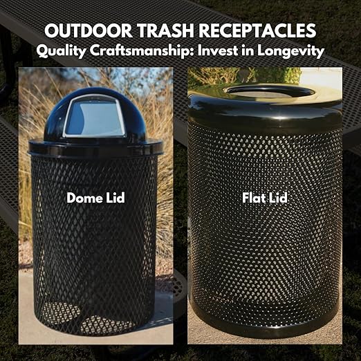 COATEDOUTDOORFURNITURE RDT-P-BLK Heavy Duty Round Trash Receptacle with Dome Top, Liner Included, 32 Gallon, Black, Made in America