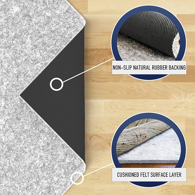 RUGPADUSA - Dual Surface - 11' Square - 1/4" Thick - Felt + Rubber - Non-Slip Backing Rug Pad - Safe for All Floors
