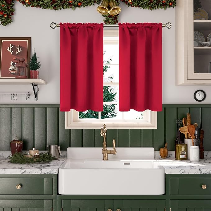 BGment Red Blackout Curtains 40 Inches Length for Short Window - Thermal Insulated Darpes with Rod Pocket Room Darkening for Kitchen Cafe Bathroom Camper, 2 Panels, 34 x 40 Inch