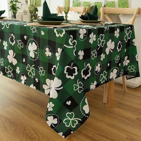 Gingham St Patricks Day Tablecloth Fabric - Oblong 58x120 Water Resistant Irish Plaid Table Cloth for Indoor/Outdoor Use - Lucky Clover Decorations Perfect for Birthday, Picnics, Gardens