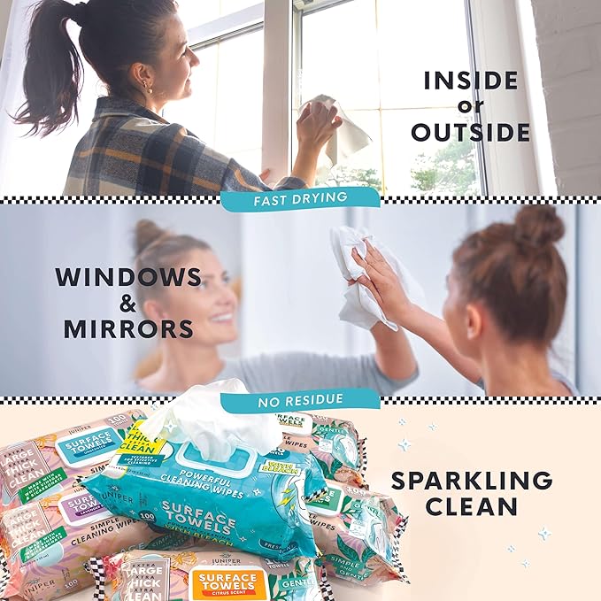 Single Surface Cleaning Wipes Bleach Free, Thick & Large Dispose, All-Purpose Cleaner for Bathroom, Kitchen, Office, 100 Count Soft Flow, Biodegradable, Juniper Scent