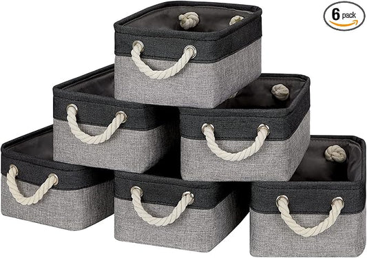 Temary Fabric Storage Baskets 6 Pcs Small Cloth Basket for Shelves Collapsible Decorative Storage Organizer Small Canvas Storage Bins with Handles (Black,11.8L x 7.9W x 5.3H inches)