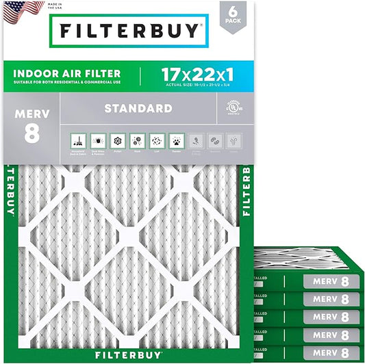 Filterbuy 17x22x1 Air Filter MERV 8 (MPR 700) Dust Defense Replacement (6-Pack), Electrostatic Pleated HVAC AC Furnace Filters, Made in USA (Actual Size: 16.50 x 21.50 x 0.75)