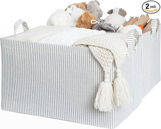 StorageWorks 45L Large Storage Bins for Closet and Shelves, Fabric Organizer Baskets with Metal Frame for Clothes, Towels, Collapsible Storage Basket, Gray and White Stripes, 2-Pack