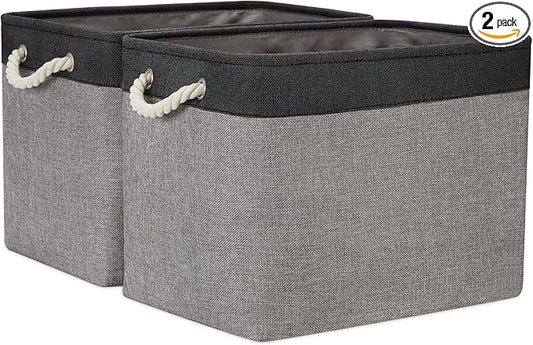 Temary Large Storage Baskets 2 Pack Cloth Basket for Shelves Collapsible Decorative Storage Organizer Baskets Canvas Storage Bins with Handles for Home(Grey&Black,16Lx12Wx12H Inches)