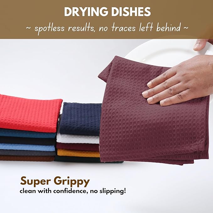 Native Fab Cotton Kitchen Towel with Hanging Loop 16x26 inches, 4-Pack, Waffle Weave Kitchen Towels for Cleaning Drying, Washcloths Soft & Absorbent Cloth Rags, Bar Towel, Dish Cloth, Burgundy Wine