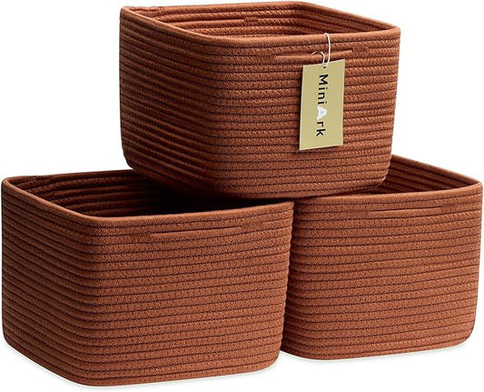 Small Organizing Baskets for Cubes Shelf, 9.7x9.7x7.1 Inch Rope Woven Storage Bins for Nursery Shelves Storage, Cute Toy Basket, Square 3 Packs Oxide Red