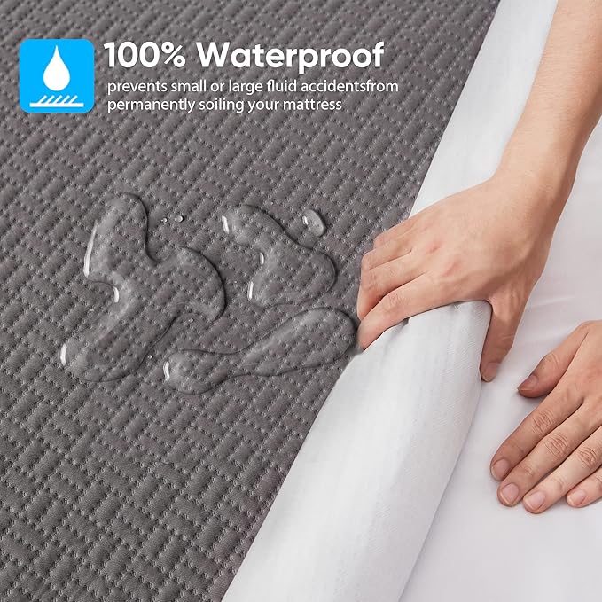Hanherry 100% Waterproof Queen Size Mattress Protector, Grey, Rayon Made from Bamboo Terry Surface, 3D Air Fabric, 16 inch Deep Pocket, Cooling, Noiseless, Smooth, Breathable, Fits 21 inches