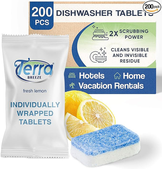 Individually Wrapped Dishwasher Tablets | Dishwasher Detergent | Dish Soap Pods | Fresh Lemon Scent | Deep Clean for Dishes | 200 Count Bulk for Vacation Rentals and Extended Stay Hotels