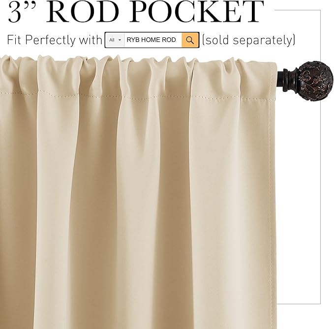 RYB HOME Blackout Shades Curtains Window Dressing (Width 42 by Height 72 in, Biscotti Beige, 2 Pcs) Energy Saving Curtain Draperies Soft Solid Polyester for Kitchen Bedroom